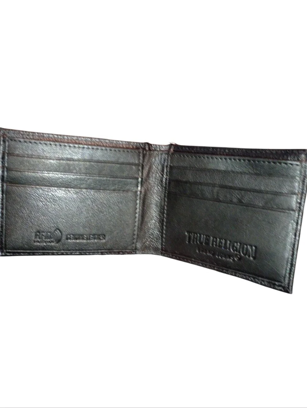 True Religion Black Leather Wallet with Red Horseshoe Logo, Gift Boxed, NWT